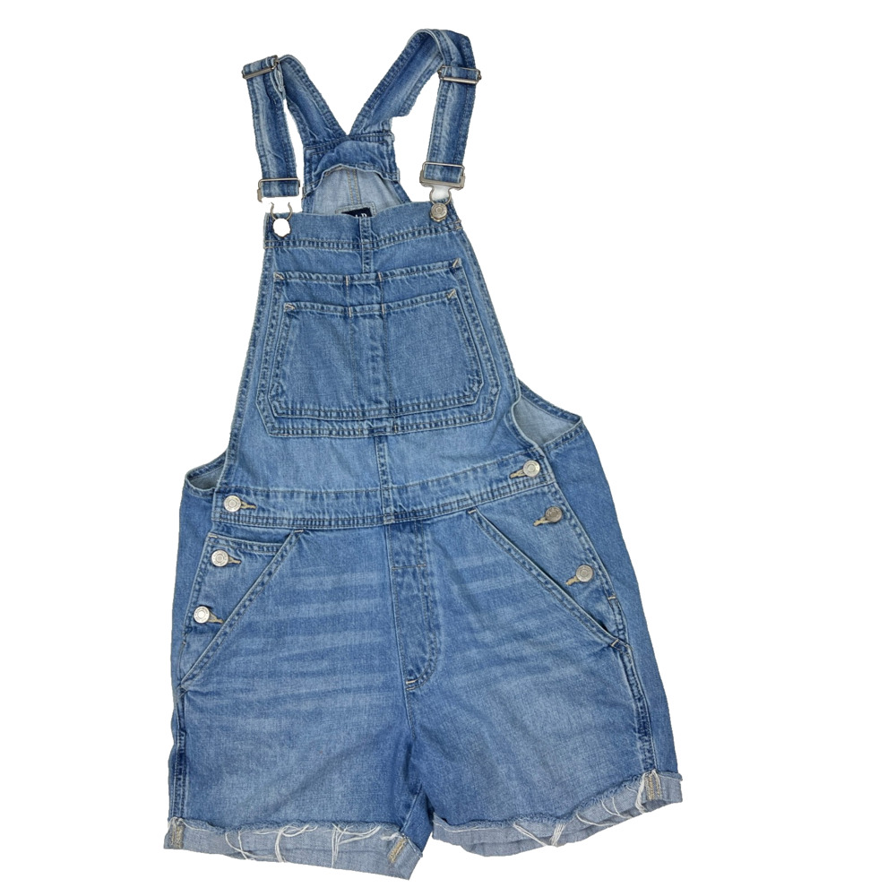 Gap Short Overalls Womens Medium Light Indigo Blue Denim Cuff Jeans Bib Cotton
